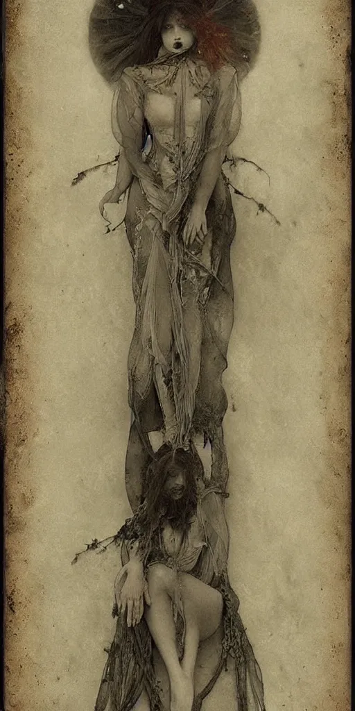 Prompt: beatiful haunting sensual cryptid woman, by emil melmoth, by alphonse mucha