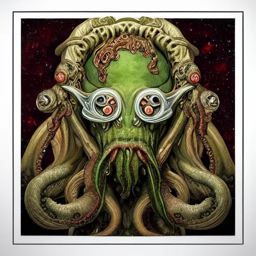 Image similar to portrait of cthulhu made with porcelain by Jeff Easley and Peter Elson + beautiful eyes, beautiful face + symmetry face + border and embellishments inspiried by alphonse mucha, fractals in the background, galaxy + baroque, gothic, surreal + highly detailed, intricate complexity, epic composition, magical atmosphere + masterpiece, award winning + trending on artstation