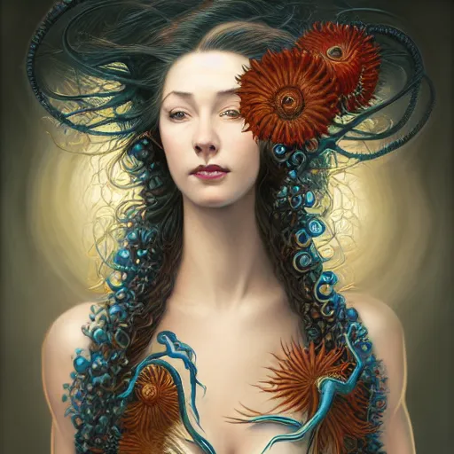Image similar to portrait of a young attractive nerdy woman in flowing sensual dress, arrogant, long fine flowing hair, delicate, looking at camera, slightly awkward smile, realistic face, hands behind back, stylish, elegant, grimdark fantasy, flowers, extremely detailed painting inspired by Gerald Brom and Ernst Haeckel and Kaluta, studio lighting