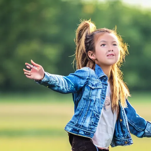 Image similar to a young girl plays on a great green meadow, she wears a jacket, jeans and boots, she has ponytails, photo taken by a nikon, highly detailed, sharp focus