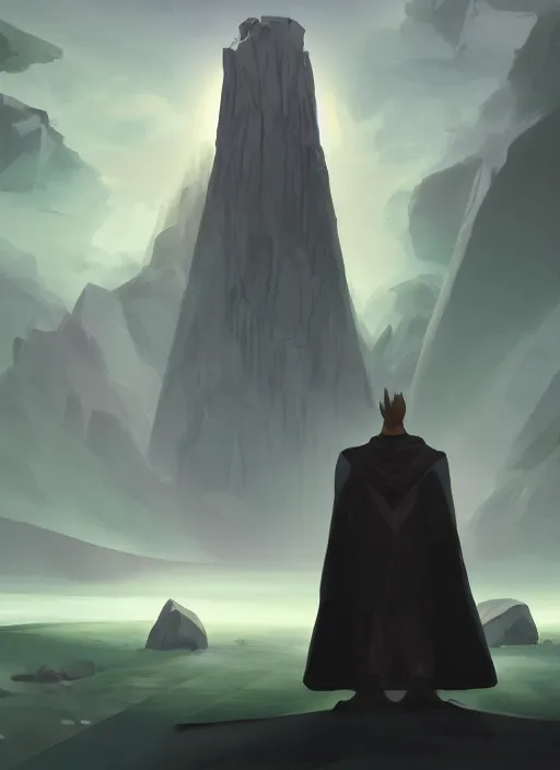 Prompt: a cartoon scene with a person wearing a black robe standing in front of a monolith, concept art by victor mosquera, tumblr contest winner, symbolism, concept art, official art