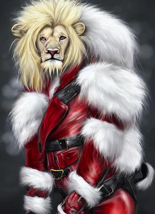 Prompt: Aesthetic portrait commission of a gay male fully furry, muscular anthro albino lion wearing an attractive festive red and white cozy Christmas outfit with long pants and black leather harness and boots, with a tail and a beautiful, attractive, hyperdetailed face, safe for work (SFW). Character design by charlie bowater, ross tran, artgerm, detailed, inked, award winning film poster painting.