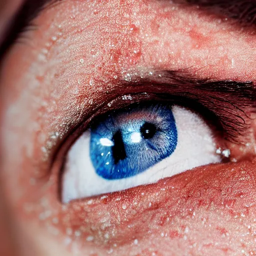 Image similar to closeup of sweating forehead with sweat on it, big drops of sweat, big beads of sweat, sweat drops, airbrush painting, forehead only, by Hajime Sorayama, trending on artstation, beautiful lighting, sharp, details, hyper-detailed, HD, HDR, 4K, 8K