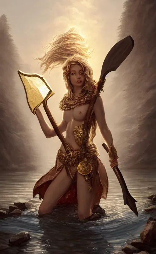 Image similar to lake godness holding gold axe and sliver axe, highly detailed, d & d, water everwhere fantasy, highly detailed, digital painting, trending on artstation, concept art, sharp focus, global illumination, ray tracing, illustration, art by artgerm and greg rutkowski and fuji choko and viktoria gavrilenko and hoang lap