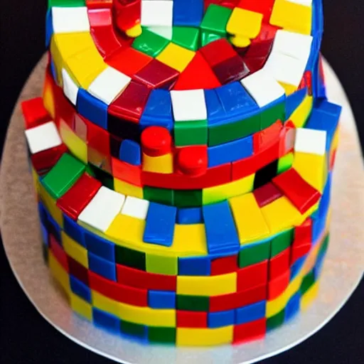 Prompt: a cake made out of legos