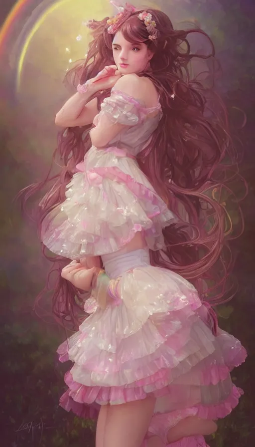 Image similar to portrait of magical lolita girl, dreamy and ethereal, expressive pose, pink eyes, peaceful expression, ornate frilly dress, fantasy, intricate, elegant, many rainbow bubbles, highly detailed, digital painting, artstation, concept art, soft focus, sharp focus, illustration, art by artgerm and greg rutkowski and alphonse mucha