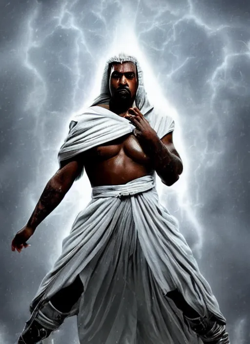 Prompt: kanye west as zeus!!!, god of thunder, greek god, white robe, thunderbolt, in mortal kombat, mythology, fantasy, detailed face, splash art, movie still, cinematic lighting, dramatic, octane render, long lens, shallow depth of field, bokeh, anamorphic lens flare, 8 k, hyper detailed, 3 5 mm film grain