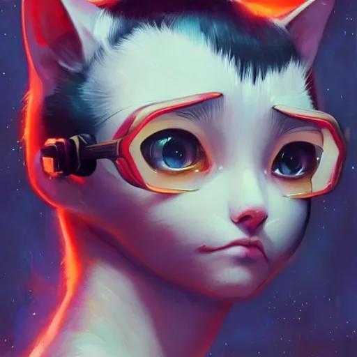 Image similar to A space realistic cat with big and cute eyes, fine-face, realistic shaded perfect face, fine details. realistic shaded lighting poster by Ilya Kuvshinov katsuhiro otomo ghost-in-the-shell, magali villeneuve, artgerm, Jeremy Lipkin and Michael Garmash, Rob Rey and Kentarõ Miura style, trending on art station