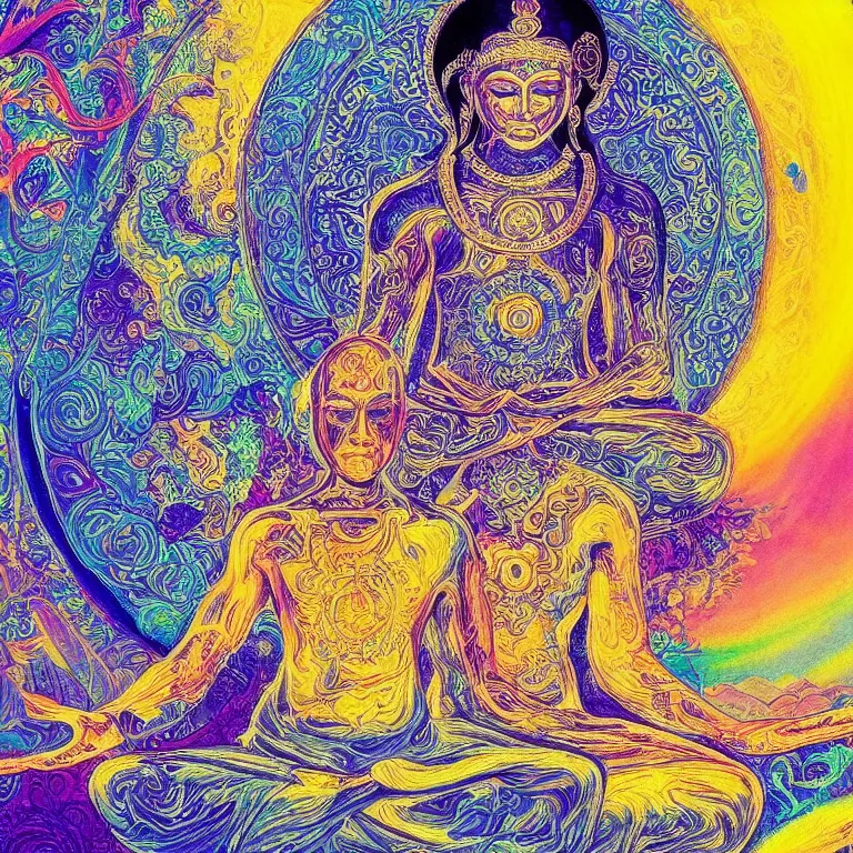 Image similar to human meditating supreme peace immense knowledge infinite color dmt art blue black gold love