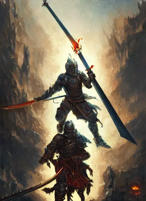 Prompt: character illustration of a knight wielding a flaming sword, night sky, intricate, highly detailed, digital painting, artstation, illustration, sharp focus, Dungeons and Dragons art, art by ralph horsley and greg rutkowski