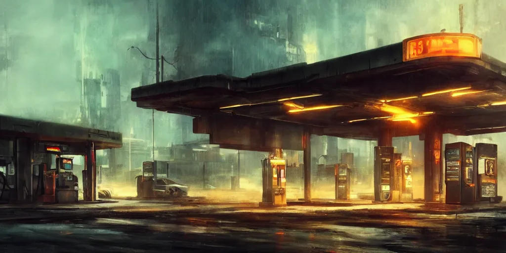 Prompt: a post apocalyptic gas station in the style of bladerunner, trending on artstation, vintage colors, volumetric lighting