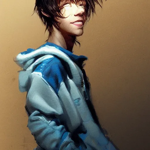 Image similar to portrait of a very masculine teenage girl with blue eyes and brown hair, short men's haircut, smiling, wearing an oversized sweater, dramatic lighting, illustration by Greg rutkowski, yoji shinkawa, 4k, digital art, concept art, trending on artstation