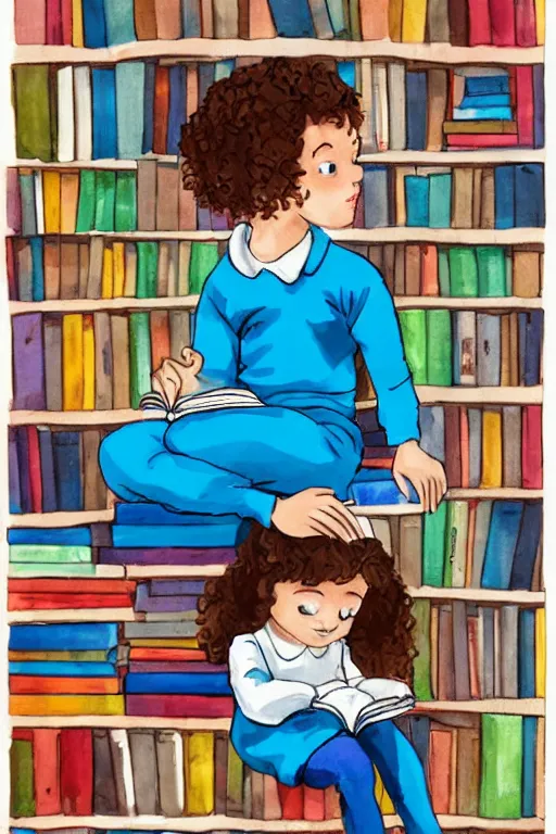 Prompt: a cute little girl with short curly brown hair and blue eyes sits cross legged on top of a tall pile of books. she is reading. clean pretty cartoon painting in disney style, beautiful detailed face.