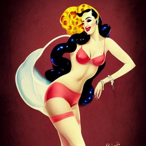 Image similar to a retro pinup illustration of dita von teese in the style of anna dittmann and in the style of charlie bowater and in the style of gil elvgren.