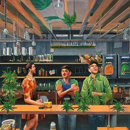 Prompt: cannabis hospitality industry, aussie baristas, isometric fun style pic, by ren hang and steve hanks, australian style video game still