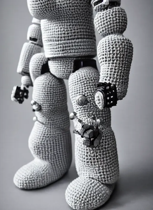 Image similar to a crochet mecha, realistic, no cropping, full body, Sigma 50 mm f/1.4