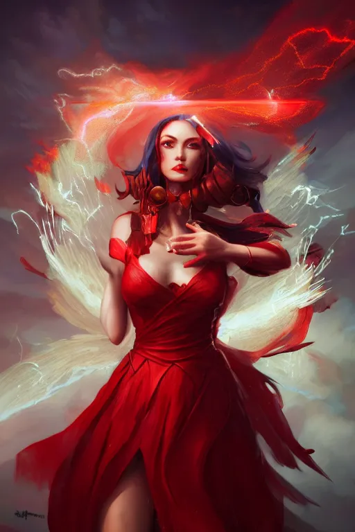 Image similar to beautiful girl warrior in red dress, casting magic spell holding electricity, angel, magic storm and thunder clouds, fantasy, magic the gathering, hyper detailed, 3 d render, hyper realistic detailed portrait, peter mohrbacher, wlop, ruan jia