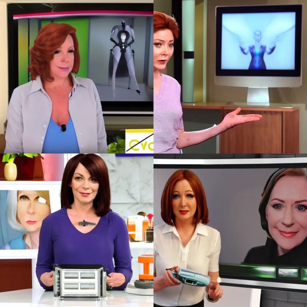 Prompt: glados from portal as a presenter on a teleshopping channel, home shopping network, qvc