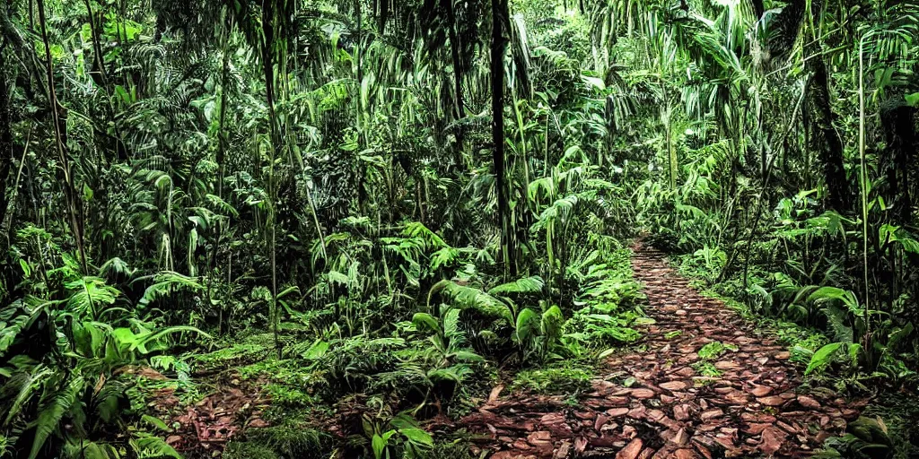 Image similar to lost in the amazon rainforest, beautiful, cinematic, dramatic lighting, shadows, highly detailed