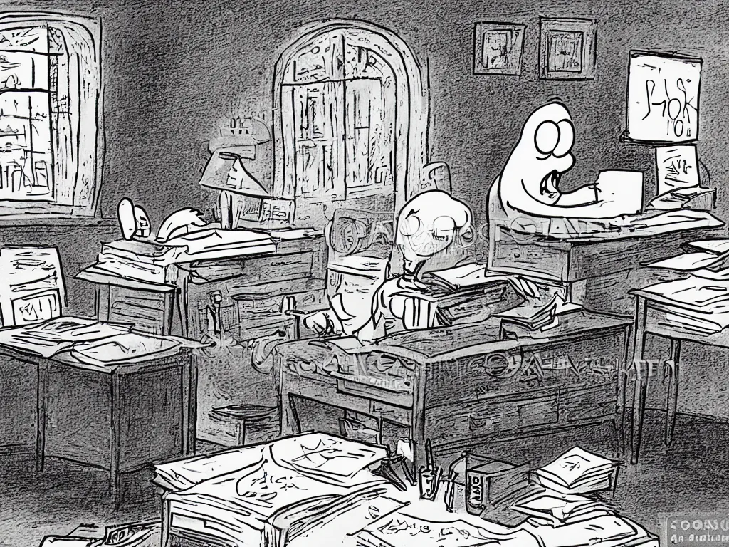 Prompt: cartoon illustration of a ghost writing a book at a desk, by Jim Davis