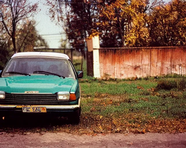 Image similar to a lomographic photo of old lada 2 1 0 7 standing in typical soviet yard in small town, autumn, cinestill, bokeh