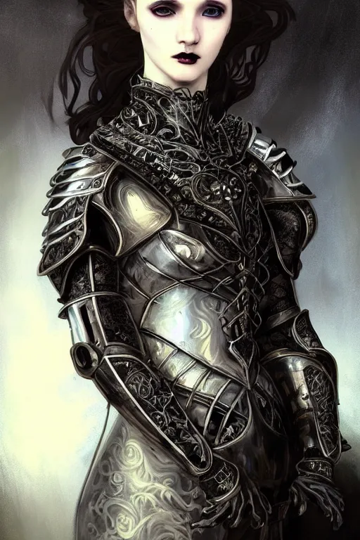 Image similar to beautiful luxury and gothic and victorian and evil young female medieval black armor knight portrait+smoky eyes+front face with light flowing hair, ultradetail face, art and illustration by tian zi and craig mullins and WLOP and alphonse mucha, ssci-fi, fantasy, intricate complexity, human structure, hypermaximalist, fantasy character concept, dynamic lighting, neon light, watermark, blurry, hyperrealism 8k