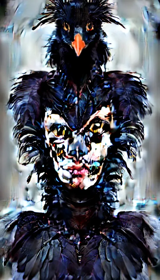 Image similar to epic professional digital portrait art of a human - crow hybrid creature, human eyes, crow head, crow beak, feathery skin, feathered humanoid torso