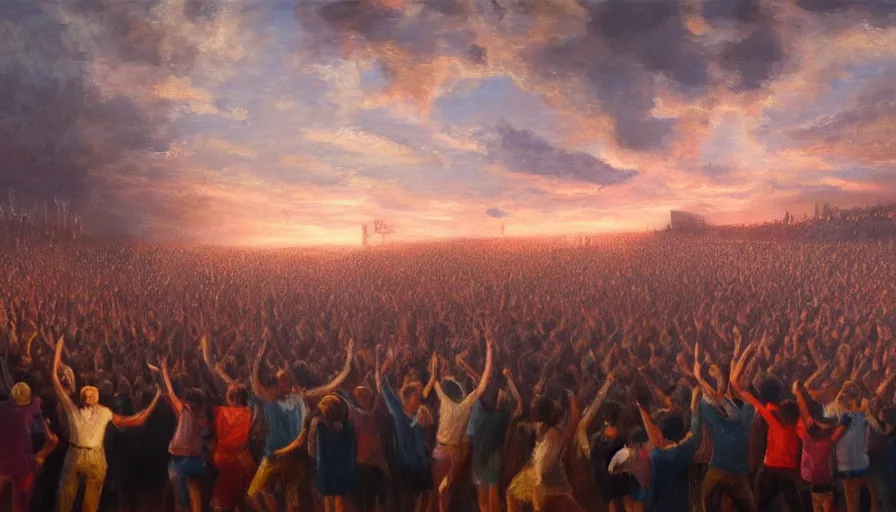 Image similar to painting of a panicked crowd pointing!! towards a glowing sky, raising their arms, volumetric lighting, nasty, hyperdetailed, realistic