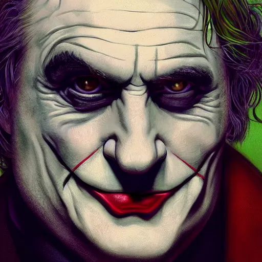 Image similar to [Gerard Depardieu as the Joker as president of France!, closeup, D&D, intricate, elegant, highly detailed, digital painting, artstation, concept art, matte, sharp focus, illustration, art by Artgerm and Greg Rutkowski and Alphonse Mucha]