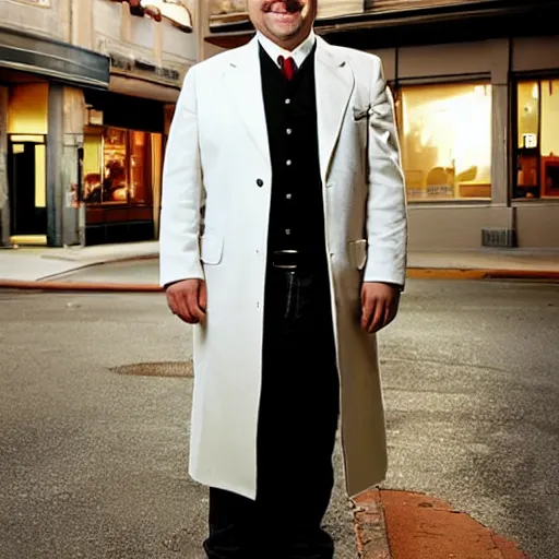 Image similar to full length shot : : clean - shaven smiling white chubby italian american man in his 4 0 s wearing a long brown overcoat and necktie and black shoes shoes shoes holding a burger, 2 0 0 6 advertising promo shot