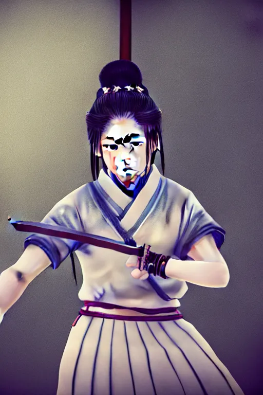 Image similar to highly detailed beautiful photo of a young female samurai, practising sword stances in a temple, symmetrical face, beautiful eyes, realistic anime art style, 8 k, award winning photo, pastels, action photography, 1 / 1 2 5 shutter speed, dramatic lighting