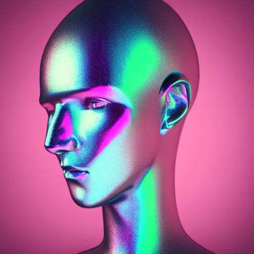 Image similar to 3d render of holographic human robotic head made of glossy iridescent, surrealistic 3d illustration of a human face non-binary, non binary model, 3d model human, cryengine, made of holographic texture, holographic material, holographic rainbow, concept of cyborg and artificial intelligence