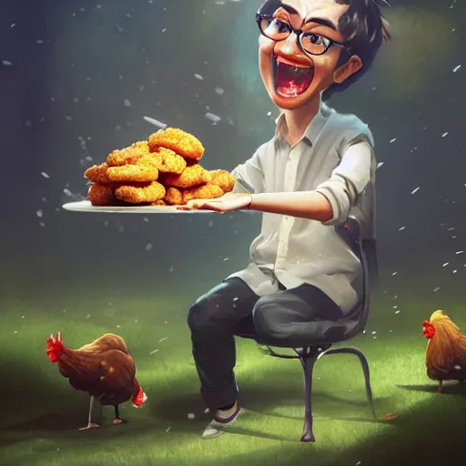 Image similar to a mad scientist in his back yard laughing happily at the chicken nuggets which are falling from the sky , made by Stanley Artgerm Lau, WLOP, Rossdraws, ArtStation, CGSociety, concept art, cgsociety, octane render, trending on artstation, artstationHD, artstationHQ, unreal engine, 4k, 8k,