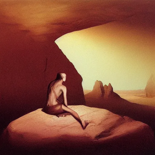 Prompt: a painting of a woman sitting on a rock, a cave painting by zdzisław beksinski, deviantart, vanitas, rococo, chiaroscuro, apocalypse landscape