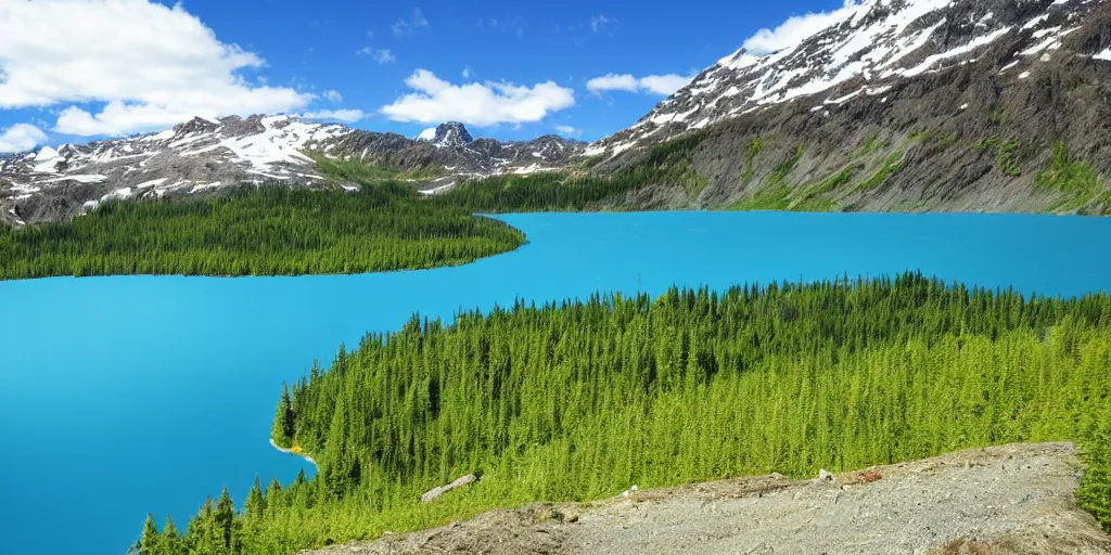 Prompt: small glacial lake, clear blue water, washington state, much green vegetation, some snow, sunny