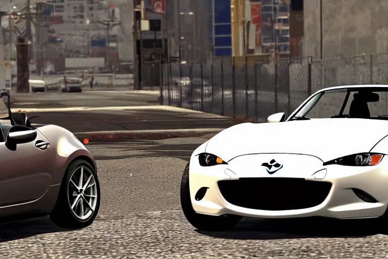 Prompt: Mazda MX-5, GTA V poster style, night