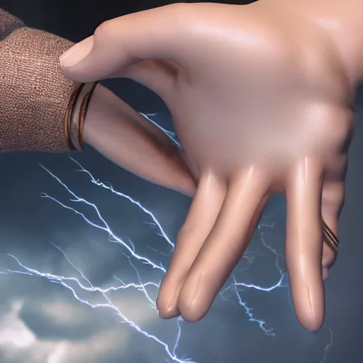 Prompt: hyper realistic lightning storm in a beautiful girl's hand. higly detailed, complex, unreal engine 5.