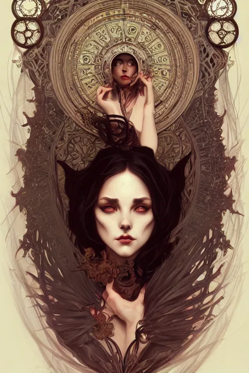 Image similar to witcraft, the occult, horrific, dark fantasy, intricate, elegant, highly detailed, digital painting, artstation, concept art, matte, sharp focus, illustration, art by artgerm and alphonse mucha