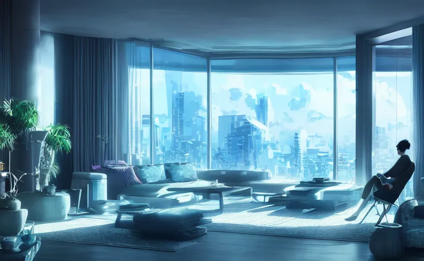 Image similar to futuristic luxury condo interior with three dimensional holographic projection displays and modern sleek furniture by studio ghibli animated film, global illumination, beautiful composition, volumetric lighting, octane render by alena aenami, highly detailed