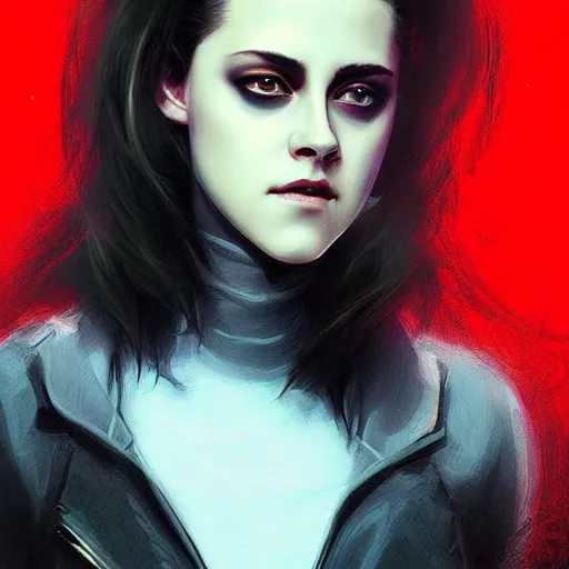 Image similar to Portrait of a Kristen Stewart in cyber mask, digital art from artstation by Ikeuchi and Ruan Jia and Mandy Jurgens and Artgerm, red LED lights, extremely beautiful and proportionate face, sharp focus, hyper detailled