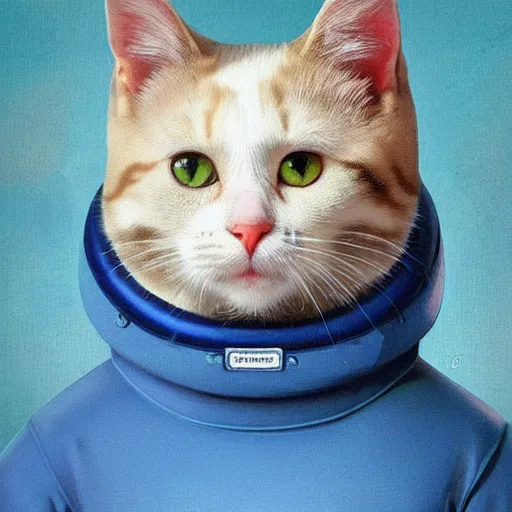 Image similar to head and shoulders masterpiece portrait of a cute adorable cat wearing a blue spacesuit, surreal background, digital art, by hieronymus bosch, trending on artstation, cgsociety,