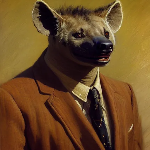 Image similar to a portrait of a hyena wearing a suit and smiling at the viewer. highly detailed painting by gaston bussiere, craig mullins, j. c. leyendecker 8 k