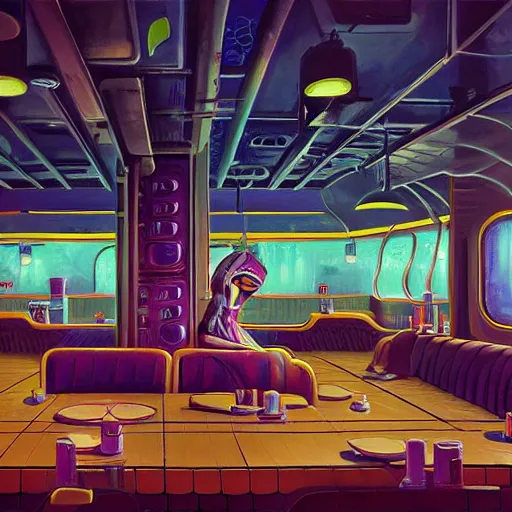 Image similar to beautiful painting of a dirty space diner in the style of Simon Stålenhag and H. R. Giger, detailed, trending on Artstation