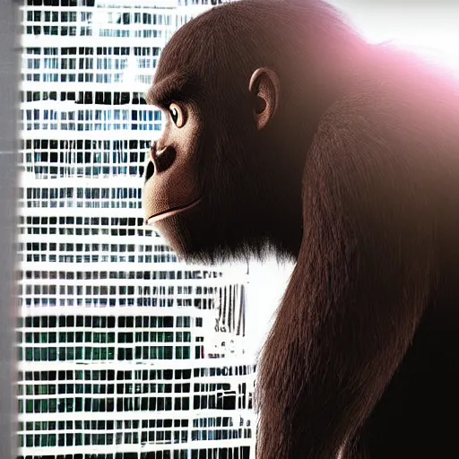 Image similar to king kong donkey kong peering in a high rise fancy apartment window, beautiful lighting action movie still from inside the apartment