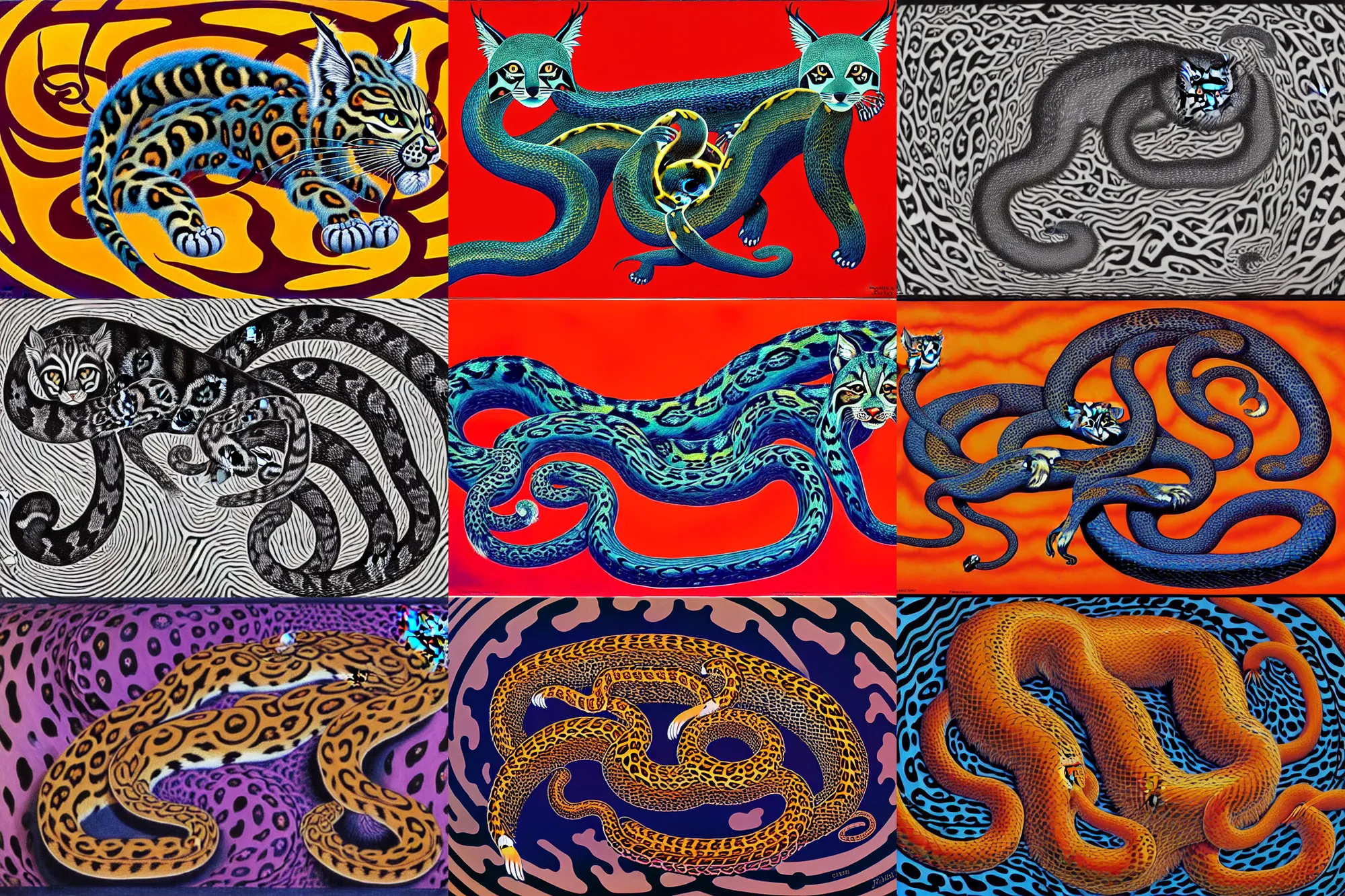 Prompt: a detailed painting of a magick polecat occult effigy beautiful lynx fur that is a crescent shaped leopard atomic latent snakes in between autobiological cybernetic ferret resurgence of snake phonkadelic ferret in the style of escher, alex grey, kubrick inspired by realism, symbolism, magical realism and dark fantasy, clear, crisp, vivid color scheme,
