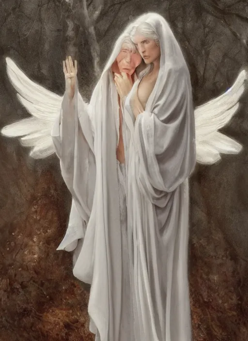 Image similar to thin angel with silver hair so pale and wan!, wearing robes, covered in robes, lone pale wan feminine goddess, wearing silver robes, flowing hair, pale skin, young cute face, covered!!, clothed! oil on canvas, style of lucien levy - dhurmer and jean deville, 4 k resolution, aesthetic!, mystery