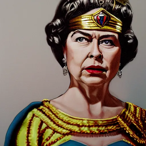 Prompt: The Queen Elizabeth II as wonder woman, photorealism, detailed, square