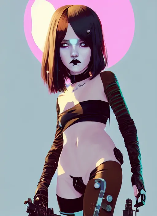Image similar to portrait of cute goth maiden girl in cyber bikini armor, face by ilya kuvshinov, warhammer, cyberpunk, by atey ghailan, by greg rutkowski, by greg tocchini, by james gilleard, by joe fenton, by kaethe butcher, dynamic lighting, gradient light blue, brown, blonde cream and white color in scheme, grunge aesthetic