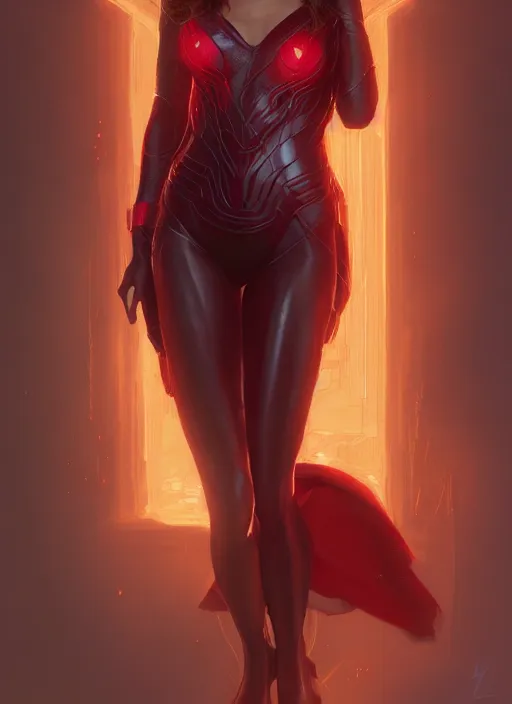 Prompt: Scarlet Witch, portrait, full body, hyper detailed, digital art, trending in artstation, cinematic lighting, studio quality, smooth render, unreal engine 5 rendered, octane rendered, art style by klimt and nixeu and ian sprigger and wlop and krenz cushart