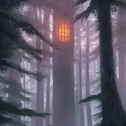 Image similar to a magical tower in the middle of the woods, magical forest, by Jordan Grimmer and greg rutkowski, crisp lines and color,